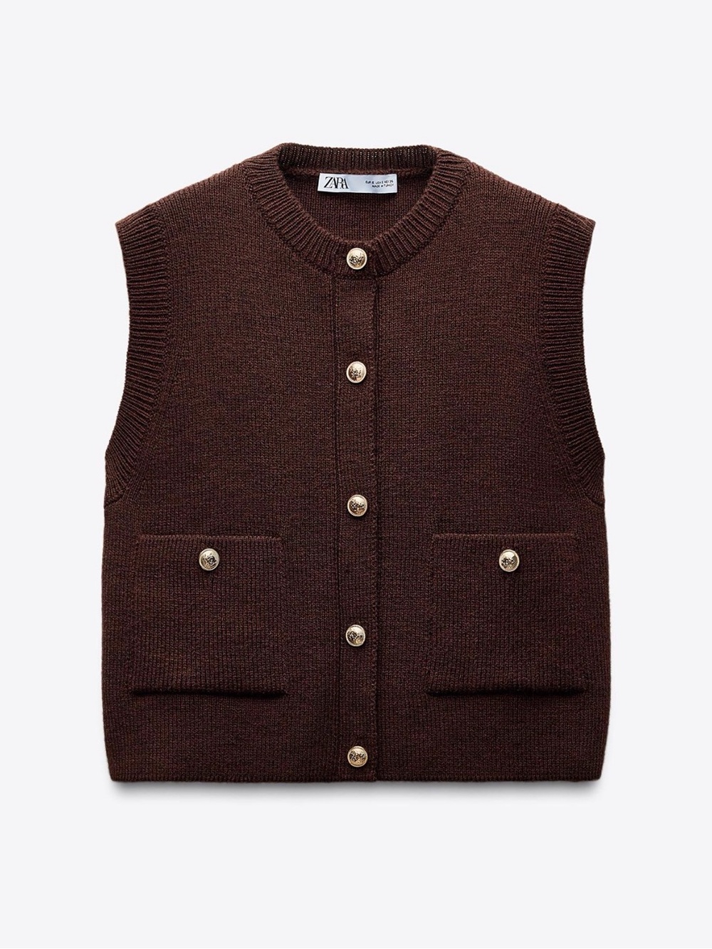 Zara Women’s Dark Brown Knit Button-Front Sweater Vest with Gold Buttons
